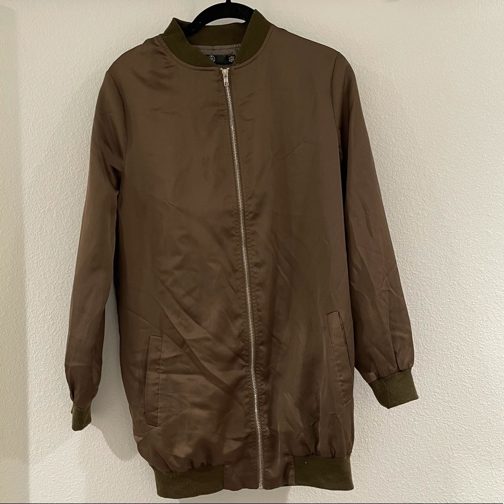 Olive colored, long Bomber jacket